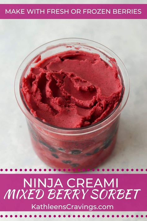 This Ninja Creami Mixed Berry Sorbet recipe is made using only a mix of fresh (or frozen) berries - I used raspberries, blueberries, and strawberries! It has a creamy texture, fresh flavor, and beautiful bright color! Berry Sorbet Recipe, Frozen Berry Recipes, Fruit Sorbet Recipe, Mixed Berry Sorbet, Blueberry Sorbet, Ninja Ice Cream Recipe, Frozen Fruit Recipes, Blueberries And Strawberries, Sherbet Recipes