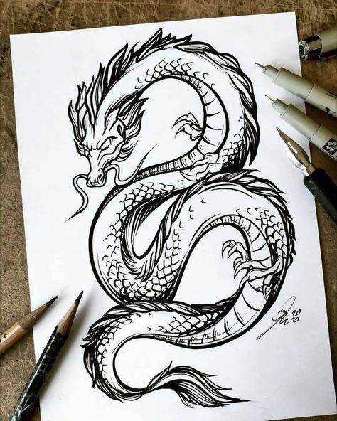 Artist || Black & White Art (@inkartig) posted on Instagram • Apr 16, 2022 at 4:01pm UTC Dragon Ink Drawing, Dragon Tattoo Sketch, Side Neck Tattoo, Dragon Tattoo Art, Optical Illusion Tattoo, Buddhist Art Drawing, Kawaii Tattoo, Dragon Tattoo Designs, Artist Logo