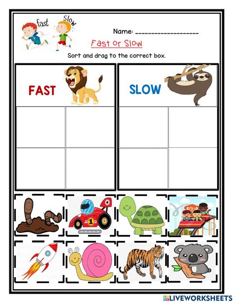 Feature Function Class Activities, Fast And Slow Worksheet, Fast And Slow Activities Preschool, Preschool Activities Toddler, Worksheets For Kindergarten, Kindergarten Learning Activities, 2nd Grade Worksheets, Bible Crafts For Kids, Fast And Slow