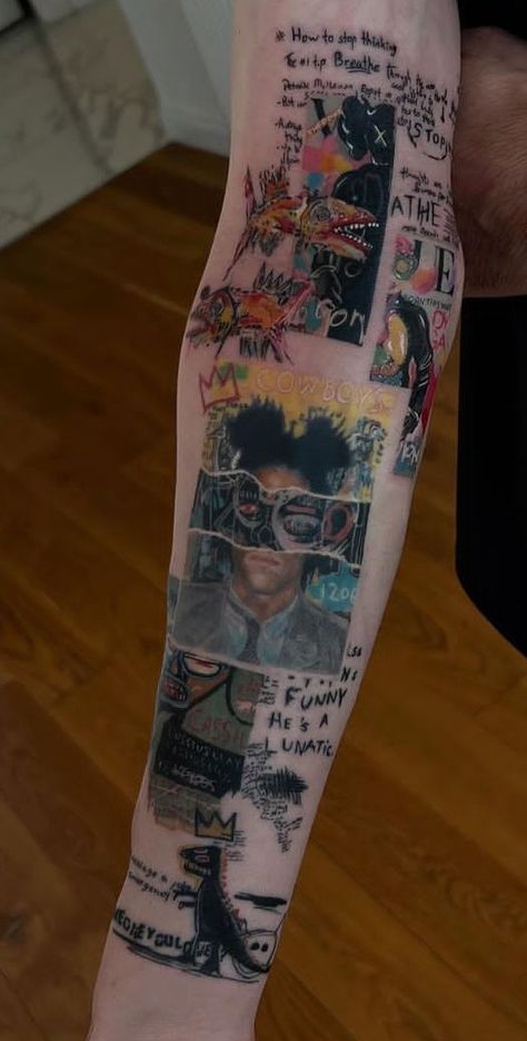 Tattoo Collage Sleeve, Collage Back Tattoo, Maximalist Tattoo, Collage Tattoos, Basquiat Tattoo, Tattoo Collage, Collage Tattoo, Tech Tattoo, Tatoo Inspiration