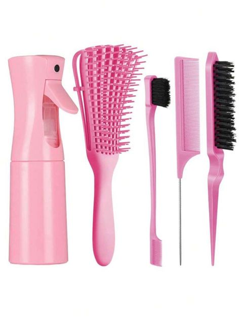 5Pc Hair Brush With Hair Styling Comb Set With 200ml Spray Bottle, Detangling Hair Brushes For Women, Men and Kids.  HairBrush Set With Detangler Brush Teasing Hair Brush Rat Tail Comb Edge Brush, Easier And Faster Detangling On Wash Days Cute Hairbrush Aesthetic, Hair Brushes Aesthetic, Gel Brush For Hair, Pink Hair Tools, Behairful Brush, Hair Brush Aesthetic, Kids Hair Products, Teasing Hair, Burr Basket