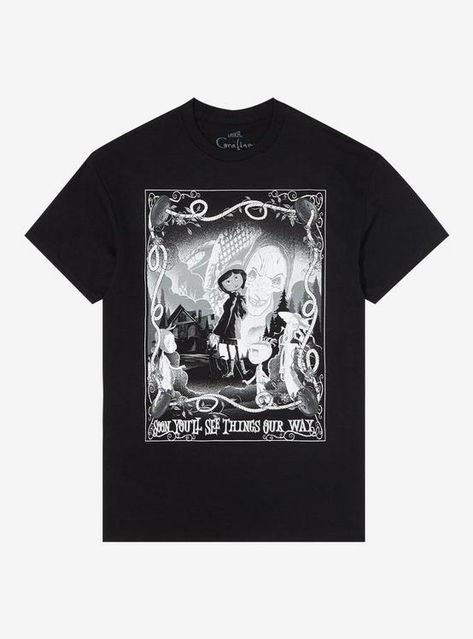 Coraline Black & White Portrait T-Shirt, Black Disney Shirts, Hot Topic Band Tees, Grunge Oversized Shirt, Graphic T-shirts, Mr Bobinsky, Coraline Shirt, The Beldam, Robin Suit, Black White Portrait