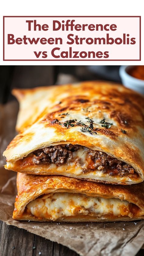 A side-by-side comparison of a stromboli and a calzone, showcasing their distinct shapes and golden-brown crusts, with cheese and meat fillings visible. Calzone Crust Recipe, How To Make A Calzone, Easy Calzones With Pizza Dough, Calzones With Pizza Dough Pillsbury, Calzone Filling Ideas, Calzones With Pizza Dough, Calzone Dough Recipe, Pizza Calzone Recipe, Easy Calzone Recipe