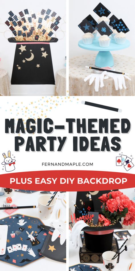 Create a fun and entertaining Magic-Themed Birthday Party and easy DIY Magic Hat masking tape backdrop with these ideas for desserts, table setting and more! Get details and more magician party ideas now at fernandmaple.com. Magician Bday Party, Magical Theme Birthday Party, Magician Theme Party, Magic Theme Decorations, Magic Show Decorations Ideas, Magician Party Decorations, Two You Believe In Magic Birthday, Magic Themed Costumes, Magic Party Decorations