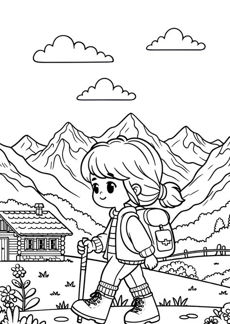 Mountain Hiking Coloring Page Mountain Scene Coloring Pages, Hiking Coloring Pages, Mountain Coloring Pages, Coloring Pictures For Kids, Mountain Trail, Coloring Art, Print Outs, Drawing Color, Easy Coloring