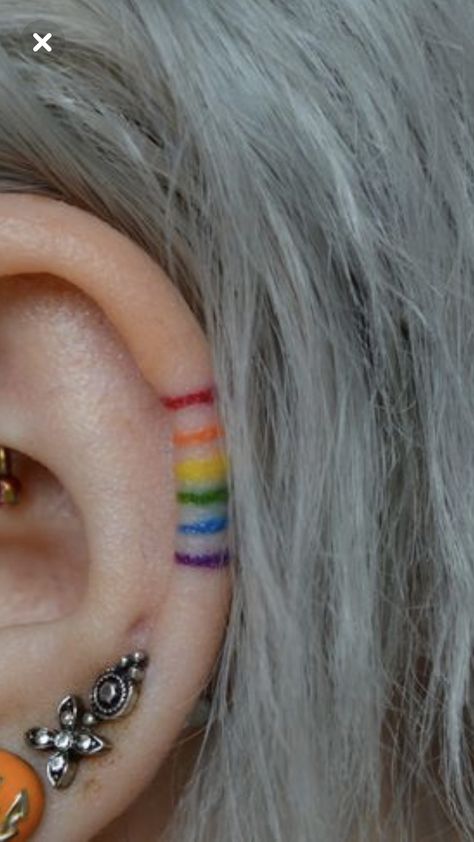 Equality Tattoos For Women, Simple Queer Tattoos, Minimalist Pride Tattoos, Pride Ear Tattoo, Love Is Love Tattoo Pride, Rainbow Ear Tattoo, Nonbinary Tattoo Ideas, Enby Tattoo, Bi Tattoos For Women