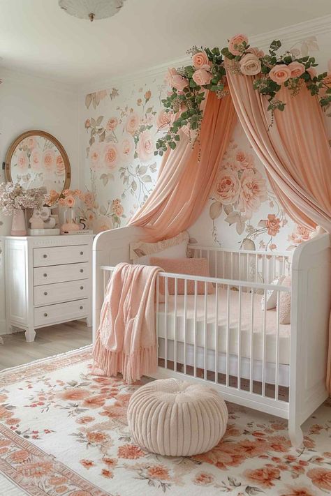 50 Simply Adorable Baby Girl Nursery Ideas You’ll Love! Gold And Pink Nursery Decor, Baby Girl Nursery Aesthetic, Baby Room Design Girl, Nursery Garden Theme, Baby Girl Nursery Butterflies, Flower Nursery Baby Girl, Boho Pink Nursery, Butterfly Nursery Baby Girl, Nursery Themes Girl