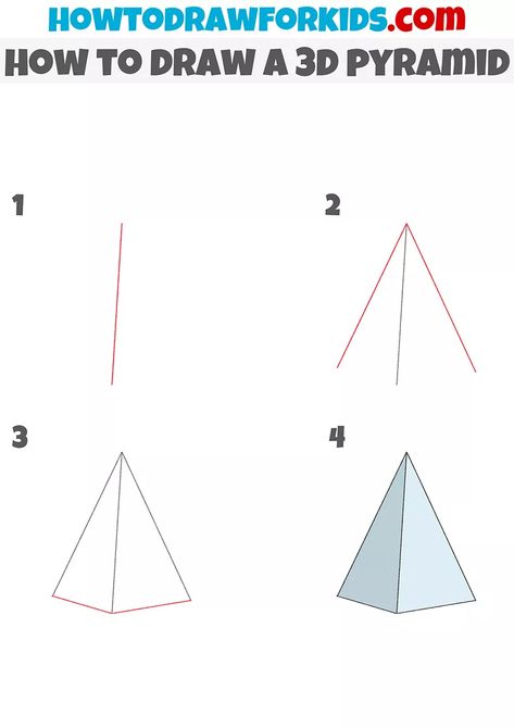 How To Draw A 3d Triangle, How To Draw Pyramids, How To Draw A Pyramid, How To Draw 3d Shapes Step By Step, Basic Shapes Drawing For Kids, How To Draw 3d Shapes, Pyramid Sketch, Pyramid Drawing, Practice Drawing Shapes