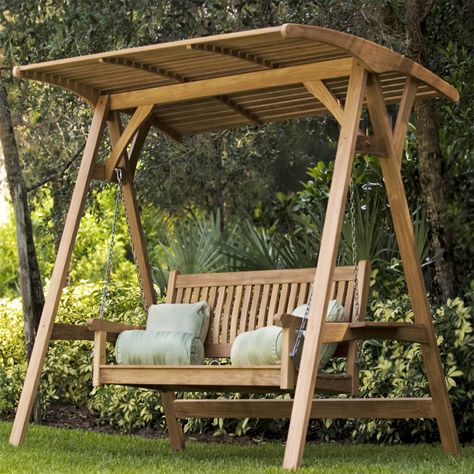 Teak Porch Swings and Swing Benches - Westminster Teak Furniture Teak Patio Furniture, Backyard Swings, Garden Swing Seat, Pergola Swing, Backyard Canopy, Thai House, Wooden Swing, Teak Outdoor Furniture, Patio Swing