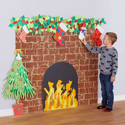 Christmas Fireplace and Hearth Crafts By Month, Classroom Christmas Decorations, Christmas Bulletin, Cosy Christmas, Fireplace Hearth, Christmas School, Office Christmas Decorations, Creative Display, Preschool Christmas