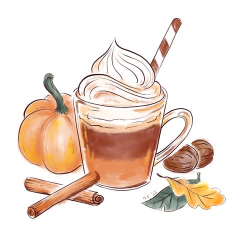 Pumpkin Spice Drawing, Pumpkin Spice Latte Drawing, Latte Drawing, Baking Drawing, October Bujo, Cozy Fall Drinks, Wallpaper November, Candle Drawing, Fall Clip Art