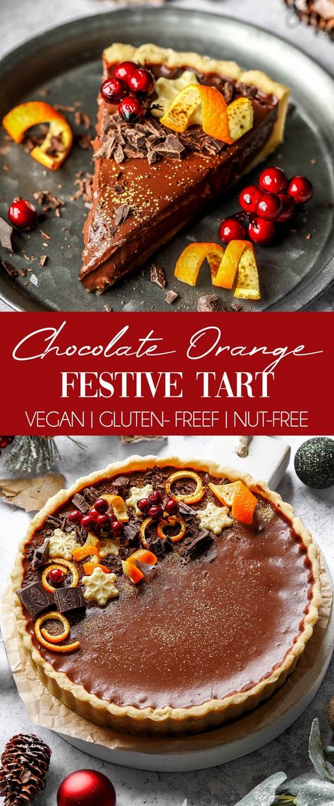 Gluten-Free Vegan Chocolate Orange Tart Vegan Gluten Free Pie Recipes, Gluten Free Vegetarian Christmas Recipes, Gluten Free Desserts Vegan, Gluten Dairy Free Desserts Christmas, Dairy Free Tart Recipe, Vegan And Gluten Free Recipes Desserts, Chocolate Peppermint Tart, Vegan Gluten Free Tart, Gluten Free Dairy Free Tart