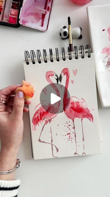 Paint A Flamingo Tutorial, Watercolor Flamingo Tutorial, How To Paint A Flamingo, Watercolor Valentine Cards Ideas, Flamingo Acrylic Painting, Valentinesday Craft, Watercolour Flamingo, Valentines Painting, Magic Watercolor