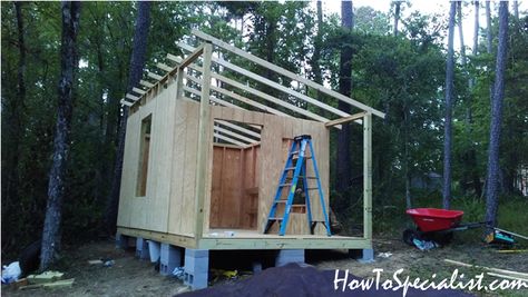 Lean to Shed with Porch - DIY Project | HowToSpecialist - How to Build, Step by Step DIY Plans Lean To Shed With Porch, Lean To Tiny House, Camping Outhouse, Lean To Cabin, Diy Outhouse, Flat Roof Shed, Garden Shed Diy, Porch Diy, Shed With Porch