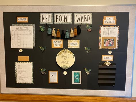 Bulletin Board Split In Half, Meet The Staff Bulletin Board Ideas Office, Office Announcement Board Ideas, Work Announcement Board, Bulletin Board Aesthetic Ideas, Lds Ward Bulletin Board Ideas, Info Bulletin Board Ideas, Classroom Information Bulletin Board, Church Announcement Board