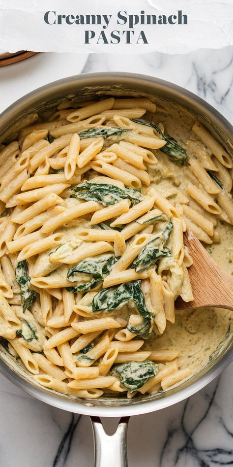 Indulge in a luxurious Creamy Spinach Pasta that's quick and easy to make. This comforting dish combines tender pasta with a velvety spinach sauce for a satisfying meal. Creamy Garlic Spinach Pasta, Spinach Heavy Cream Recipes, Bowtie Spinach Pasta Recipes, Pasta Sauce With Spinach, Pasta With Cream Cheese And Spinach, Easy Creamy Spinach Recipes, Dinner Recipe With Spinach, Pasta Dish With Spinach, Pasta And Spinach Recipes Easy Dinners