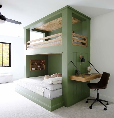 Built-in Bunk Bed Reveal and Plan - Plank and Pillow Plank And Pillow, Bunk Bed Plan, Bed Ladder, Bunk Bed Ladder, Diy Bunk Bed, Bunk Beds Built In, Built In Bunks, Bunk Rooms, Cool Bunk Beds