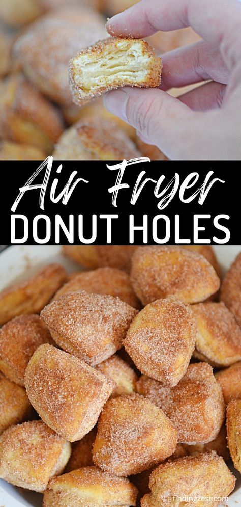 Close up of a flaky donut hole cut in half being held in fingers. A bowl full of small golden brown donut holes (wedges) covered in cinnamon and sugar. Air Fryer Donut Holes, Air Fry Donuts, Grand Biscuit Recipes, Donut Bites, Cinnamon Bites, Donut Hole Recipe, Biscuit Donuts, Air Fryer Recipes Dessert, Air Fryer Recipes Snacks