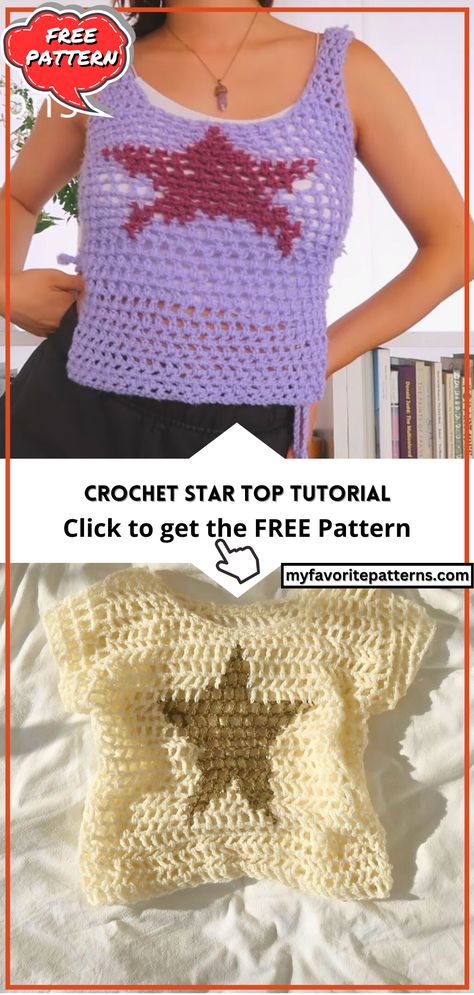 Crochet Star Top Tutorial Star Shirt Crochet, Crochet Star Shirt, Crochet Concert Top, Crochet Crop Tops Free Patterns, Crochet Star Top, Summer Crochet Tops, Crochet Hooded Cowl, Start Crocheting, Crochet Star