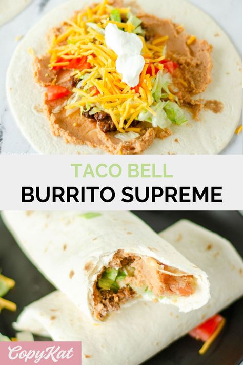 Burrito Supreme Recipe Taco Bells, Taco Bell Copycat Recipes Beef, Beef And Bean Burritos Easy, Taco Bell Burrito Supreme Recipe, Taco Bell Burrito Supreme, Taco Bell Meat Recipe, Burrito Supreme Recipe, Taco Bell Burrito, Burrito Supreme