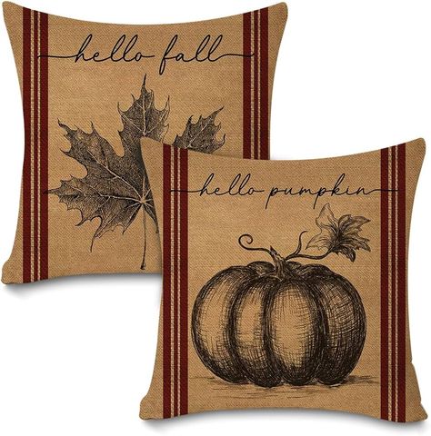 Amazon.com: Vintage Farmhouse Fall Throw Pillow Covers Blue Stripe Autumn Thanksgiving Leave Hello Pumpkin Burlap Home Decor Throw Pillow Case Linen Cushion Cover 18" X 18" Set of 2 : Home & Kitchen Fall Throw Pillow, Vintage Fall Decor, Fall Pillow, Fall Throw Pillows, Fall Pillow Cover, Autumn Thanksgiving, Hello Pumpkin, Modern Throw Pillows, Fall Pillows