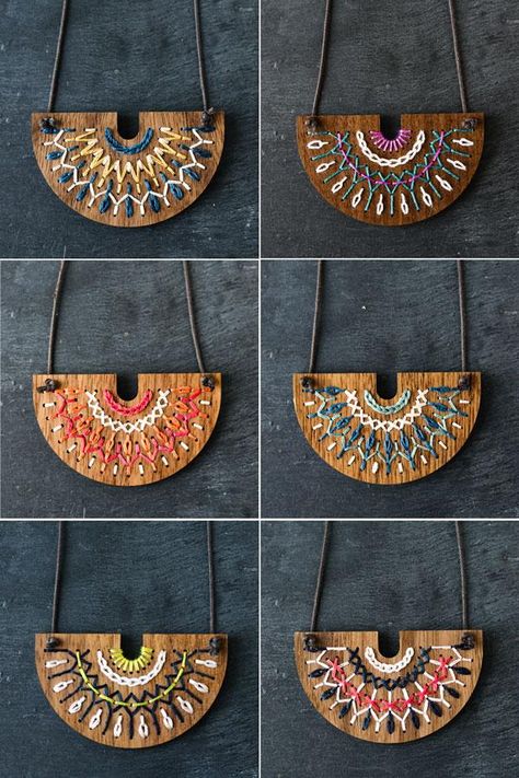 Collar madera Embroidery On Wood, Clay Embroidery, Wood Embroidery, Wooden Jewelery, Chirstmas Decor, Wood Jewelery, Leather Embroidery, Wooden Bag, Embroidered Necklace