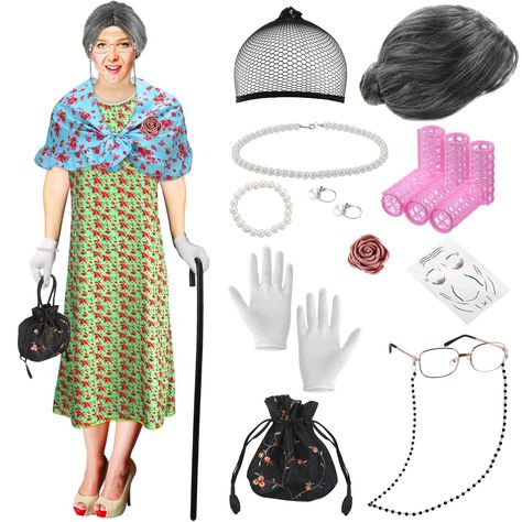 PRICES MAY VARY. Ideal Halloween Cosplay Combination to Meet Your Needs: you will receive 1 set of Halloween old lady cosplay costume for women, including dress, shawl, old lady wig, hairnet, 6 rollers, glasses with chain cord, pearl necklace, bracelet, ear clips, gloves, black cane, bag, flower brooch clip and wrinkle tattoo, reasonable for you to use Serviceable and Lasting: the old lady wig is made of quality synthetic fiber, reliable and sustained, not easy to deform, tear or break, and can Old Lady Costume For Women, Old Lady Halloween Costume, Grandma Wig, Glasses With Chain, Old Lady Wig, Granny Wig, Granny Costume, Grandma Costume, Old Lady Costume