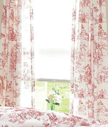 red toile Red Toile Bedroom, Red Living Rooms, Red Toile Curtains, Kitchen Lighting Fixtures Track, Window Ledge Decor, Quirky Cottage, Best Window Treatments, Toile Curtains, Trendy Kitchen Colors