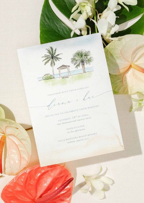 Beach Front Wedding Venue Invitation- Villa Montana Beach Resort Drawing Of A Beach, Bahamas Wedding, Beach Theme Wedding Invitations, Key West Wedding, Dream Venue, Wedding Invitation Samples, Custom Wedding Stationery, Beach Ceremony, Beach Wedding Invitations