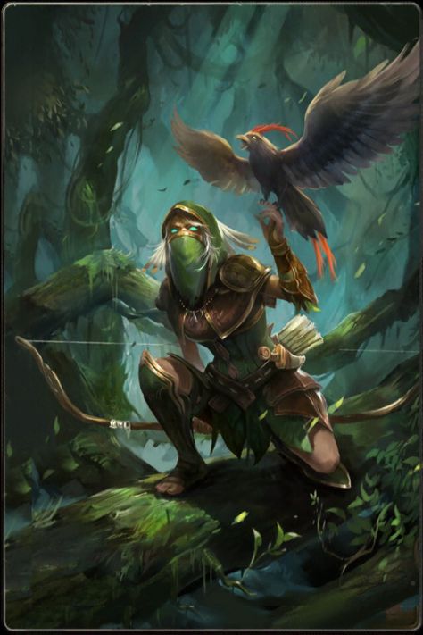 Druid archer....  It was a feathery thing, with a dragon like head and neck, four legs, and a long red tail. It had a plume coming off its head that was a dull orange, contrasting with the clear white feathera of the dragonbird. Druid Magic, Female Druid, Elf Druid, Illustration Fantasy, Night Elf, Anime Illustration, Manama, Fantasy Story, Wow Art