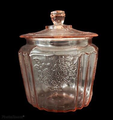 Mayfair Open Rose Pattern. The inner rim of the jar is rough from usage otherwise in very good condition. 8" H; 5 1/4" W at base; 6" W at top; lid 5 1/4" W. Antique Dishes Collectible, Antique Knowledge, Antiques Value, Vintage Glassware Antiques, Glass Cookie Jars, Glassware Design, Pink Glassware, Antique Glass Bottles, Open Rose