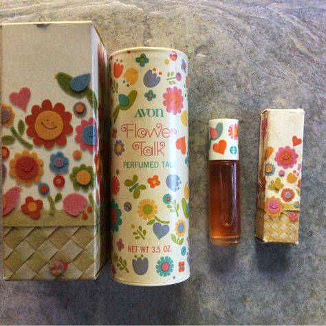 Vintage Avon Flower Talk Cologne Mist 3 Oz. 2.75 Perfumed Talc .33 Fragrance Rollette Box & Talc Container Still In Good Shape Just Color Wear Due To The Age Of These Items. Selling For Nostalgic Purposes Only Vintage Avon Perfume Bottles, 70s Beauty, Cute Perfume, Avon Planet Spa, Talc Powder, Avon Perfume Bottles, Mom Aesthetic, Dry Body Oil, Avon Skin So Soft