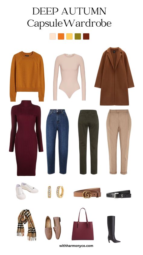 Deep Autumn Wardrobe Palette, Created Colorful Deep Autumn, Clothes For Deep Autumn, Dark Autumn Color Palette Outfit Ideas, Deep Autumn Classic Style, Deep Autumn Accessories, Dark Autumn Color Outfit, Capsule Wardrobe Color Palette Fall, Deep Autumn Outfits For Winter