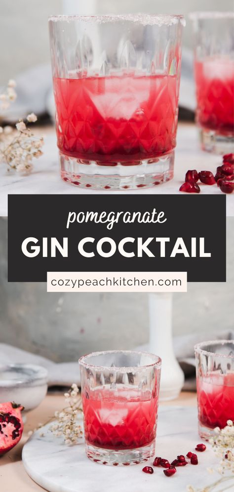 Pomegranate Gin, Pomegranate Cocktails, Simple Syrup Cocktails, Peach Kitchen, Cocktail Gin, Winter Cocktail, Vegetarian Comfort Food, Gin Lemon, Cocktail Syrups