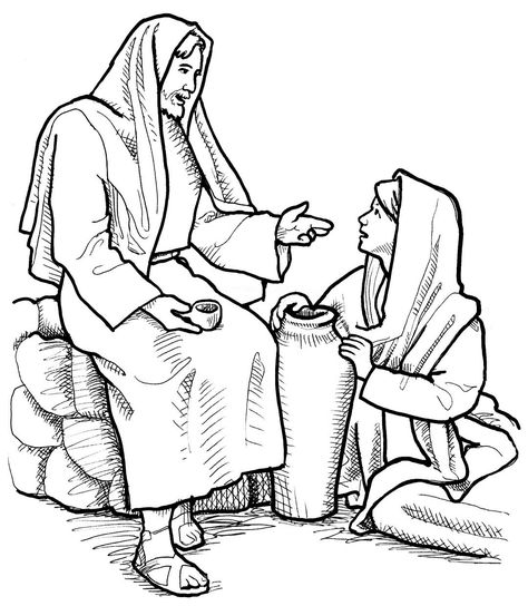 My line art adaptation of a painting by Simon Dewey: "Living Water" This image is to be used for Church purposes only. Samaritan Woman At The Well Craft, Woman At The Well Drawing, Samaritan Woman At The Well, Well Drawing, Woman At The Well, Bible Coloring Sheets, Bible Heroes, Jesus Coloring Pages, Sunday School Coloring Pages