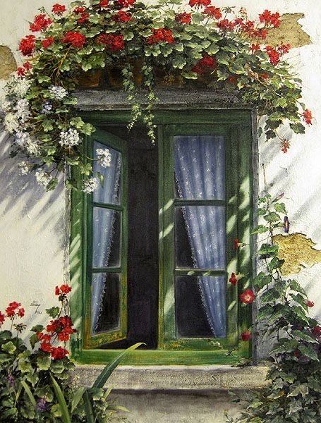 #window Window With Flowers, An Open Window, Beautiful Windows, Garden Windows, Old Windows, Window View, Old Doors, Window Boxes, Painting Gallery