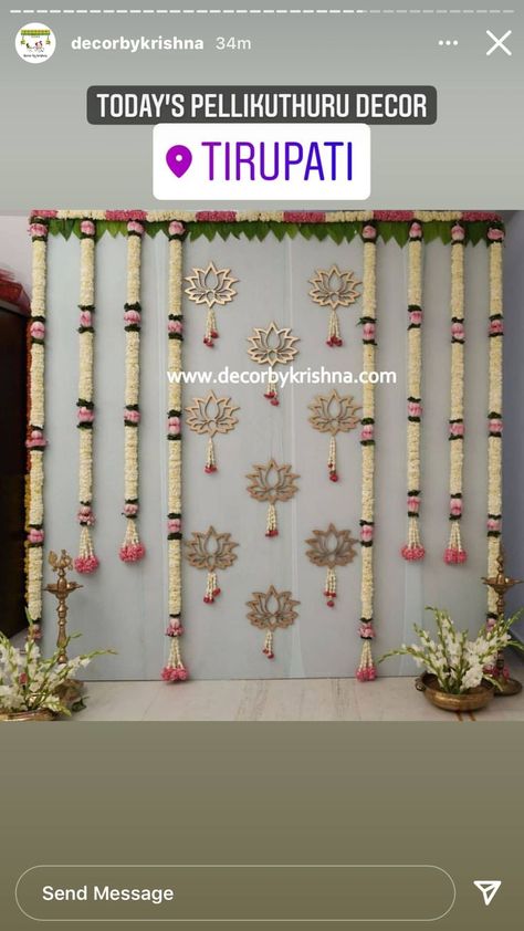 Indian Backdrop Ideas For Pooja, Decor For Pellikuthuru, Wedding Decors At Home, Simple Indian Decorations At Home, Simple Indian Wedding Backdrop, Simple Valaikappu Decoration Ideas, Simple Gruhapravesam Decorations, Simple Decoration For Seemantham, Simple Decoration For Pooja At Home