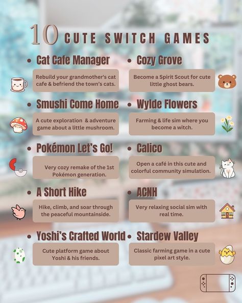 Cute Switch Games, Cozy Switch, Game Recommendations, Free Switch Games, Switch Games Nintendo, Free Nintendo Switch Games, Cozy Grove, Cute Nintendo Switch Games, Cute Nintendo Switch