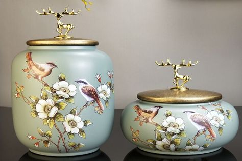 This pair of green tea canisters features intricate floral and bird patterns. Perfect for storing items in your kitchen while adding a touch of elegance. #TeaCanisters#FloralDesign#KitchenStorage #HomeDecor#Organization#GiftIdeas#Tea&Coffee Tea Canisters, Tea Tins, Tea Caddy, Bird Patterns, Preserving Food, Canisters, Green Tea, Home Interior Design, Coffee Tea