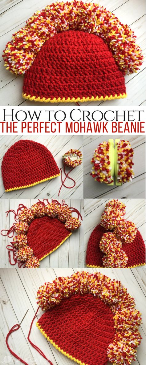 How to Make the Perfect Mohawk Beanie Using Pom Poms http://hearthookhome.com/make-perfect-mohawk-beanie-using-pom-poms/?utm_campaign=coschedule&utm_source=pinterest&utm_medium=Ashlea%20K%20-%20Heart%2C%20Hook%2C%20Home&utm_content=How%20to%20Make%20the%20Perfect%20Mohawk%20Beanie%20Using%20Pom%20Poms Mohawk Beanie, Crochet Mohawk, Knitting Quilt, Beginning Crochet, Dog Sweater Crochet Pattern, Crochet Hood, Dog Sweater Pattern, Beanie With Pom, Crochet Dog Sweater