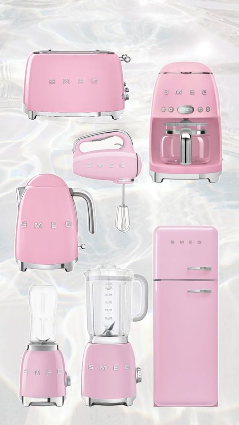 #smeg #pink #pinksmeg #girly #kitchen #coffee #morning #afternoon #pinksmeg #girlkitchen #pinkkitchen Cute Small Kitchen Ideas Pink, Pink Smeg Appliances, Pink Smeg Kitchen, Girly Apartment Decor Kitchen, Pink Aesthetic Kitchen, Pink House Ideas, Baby Pink Kitchen, Light Pink Kitchen, Smeg Aesthetic