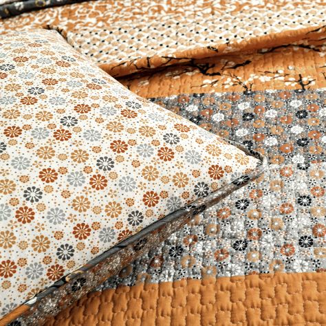 Rust Bedding Decor, Rust Bedding, Reversible Bedding, Cotton Quilt Set, Pick Stitch, Bedding Decor, Striped Quilt, Lush Decor, Vintage Floral Design