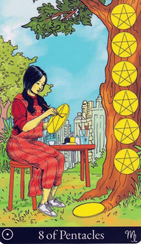 8 Of Pentacles Tarot, 8 Of Pentacles, Eight Of Pentacles, Kartu Tarot, Full Moon In Aries, Birth Charts, Free Birth, Tarot Card Readings, Pentacles Tarot