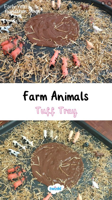 On The Farm Tuff Tray, On The Farm Eyfs Activities, Farm Tuff Tray Ideas Preschool, Farm Display Eyfs, Farm Sensory Tray, Farm Tuff Tray Ideas Eyfs, Farm Animal Tuff Tray, On The Farm Eyfs, Farm Animals Tuff Tray