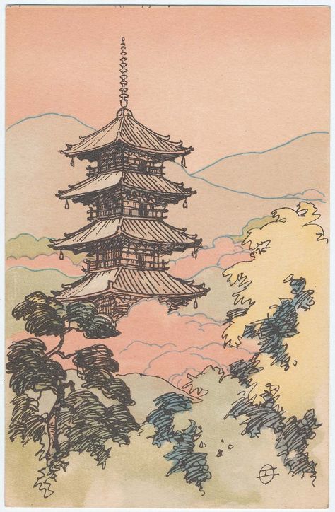 Pagoda, Nara Japanese Late Meiji era Artist Unidentified, Japanese, Publisher Nippon yûsen kaisha (NYK) Place of Creation: Japan Japanese Painting, Japanese Art Prints, Japanese Artwork, Japon Illustration, Lukisan Cat Air, 판타지 아트, Japan Art, Japanese Prints, Museum Of Fine Arts