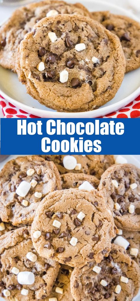 Hot Chocolate Cookies - Enjoy a cozy winter favorite in more than just a glass! Chocolate Chip Cookies come together with Hot Chocolate for a gooey and delicious treat! Hot Chocolate Chip Cookies, Chocolate Melts Ideas, Hot Chocolate Cookies Recipe, Hot Chocolate Cookie Recipes, Giant Cookies, Xmas Recipes, Cookie Shop, Hot Cocoa Cookies, Delicious Christmas Desserts