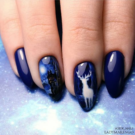 Harry Potter Stag, Harry Potter Nails Designs, Potter Nails, Fantasy Imagination, Harry Potter Nail Art, Harry Potter Nails, Fan Nails, Stile Harry Potter, Disney Acrylic Nails