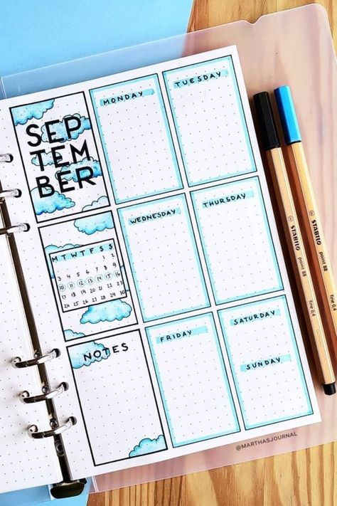 September Weekly Spread, Weekly Spread Ideas, Diy Kalender, Pola Kotak, Penanda Buku, Bullet Journal 2020, Creating A Bullet Journal, Bullet Journal Banner, Bullet Journal Paper