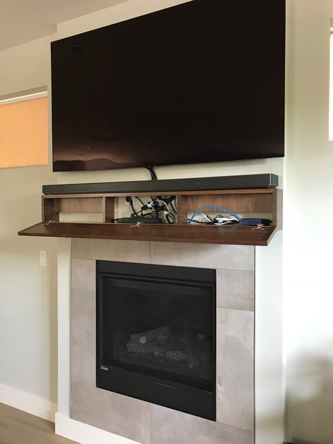 Modern walnut fireplace mantel with drop front shelf media | Etsy Mantel Drawer, Walnut Fireplace, Distressed Fireplace, Tv Above Fireplace, Custom Fireplace Mantels, Diy Fireplace Mantel, Tv Over Fireplace, Fireplace Tv Wall, Custom Fireplace