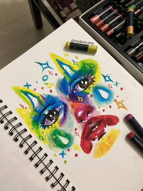 Simple Color Drawings, Clown Oil Pastel, Rainbow Colored Pencil Art, Funky Oil Pastel Art, Trippy Oil Pastel Art, Oil Pastel Background Ideas, Oil Crayon Art Ideas, Weird Sketches Inspiration, Oil Pastel Art Tutorials